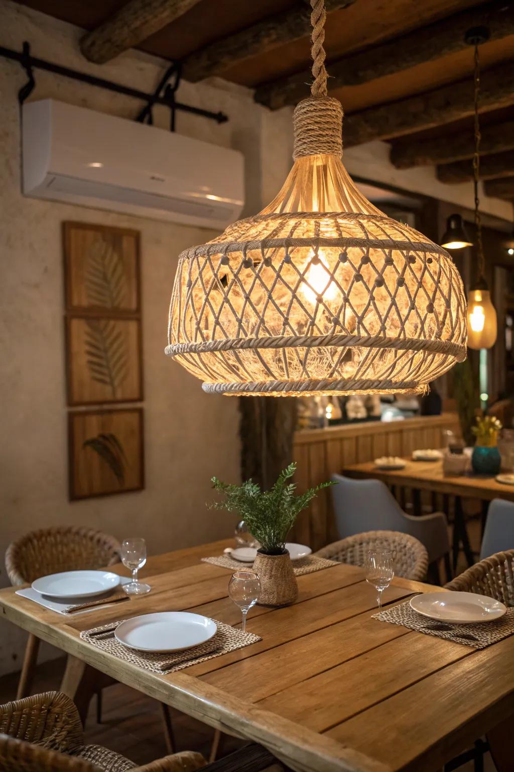 A woven rope chandelier offers rustic elegance with a coastal twist.