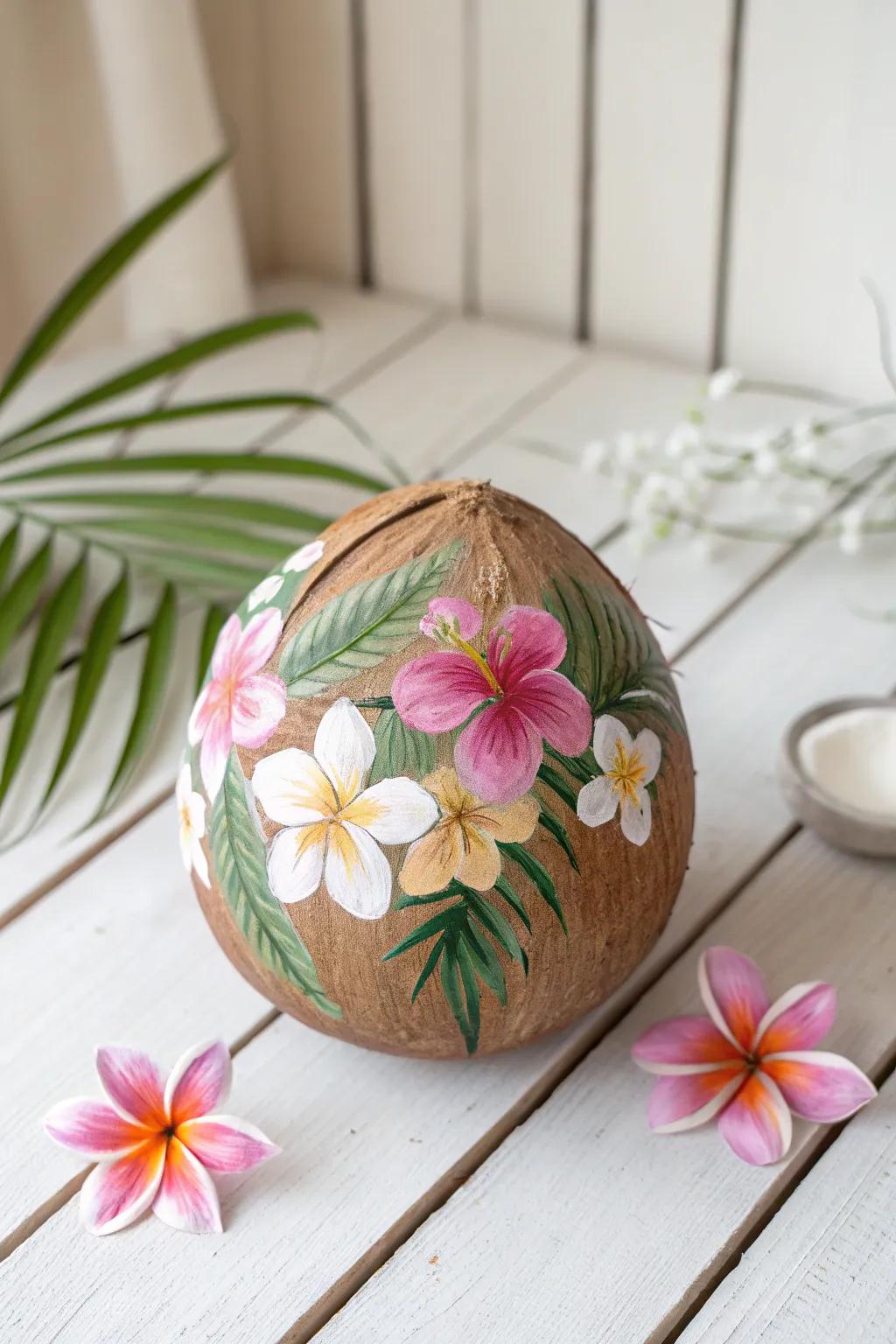 Embrace a tropical touch with hand-painted floral coconuts, blending artistry and nature in perfect harmony. 🌺🥥