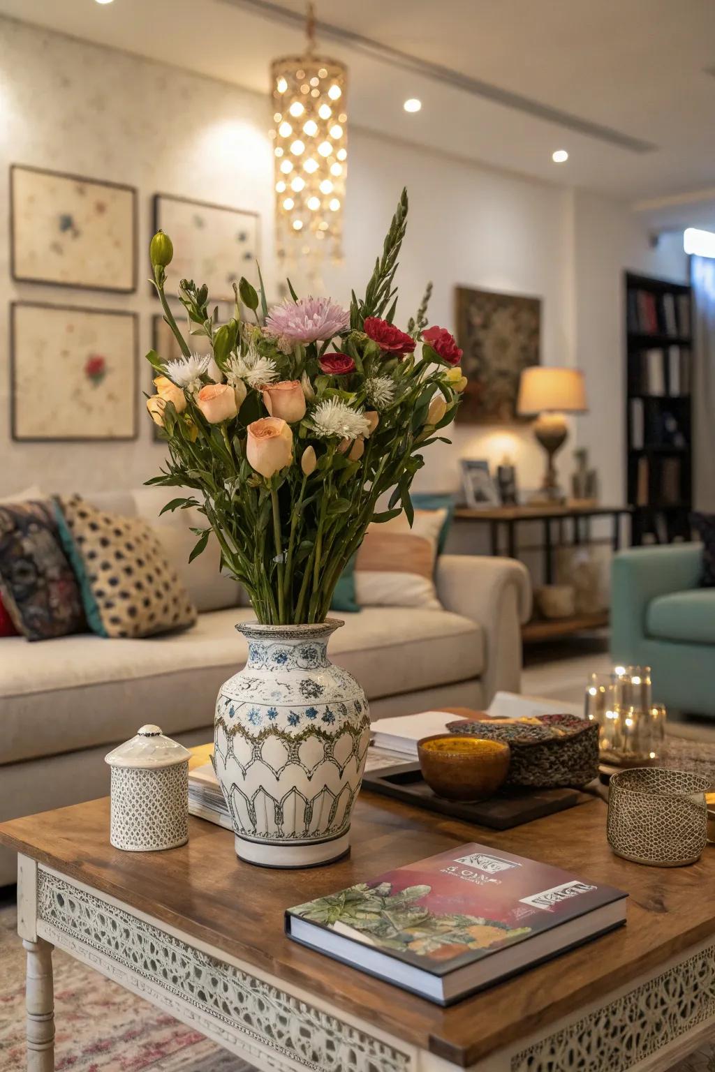 An artistic vase adds sculptural beauty to the coffee table.