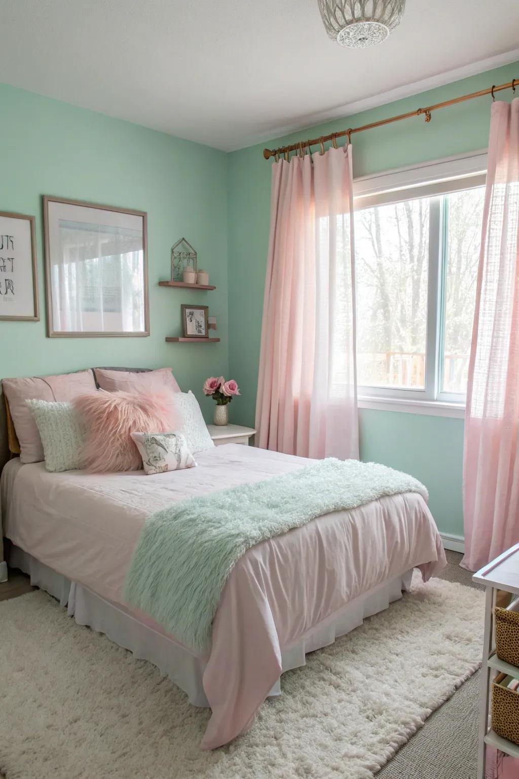 A peaceful bedroom with calming pastel colors.