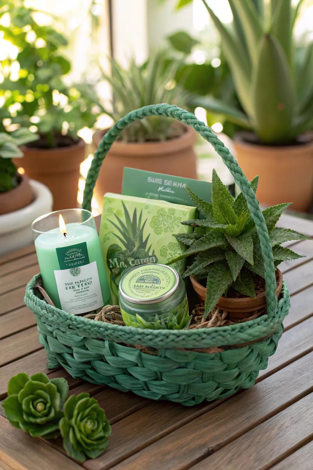 Celebrate nature with a lush green-themed gift basket.