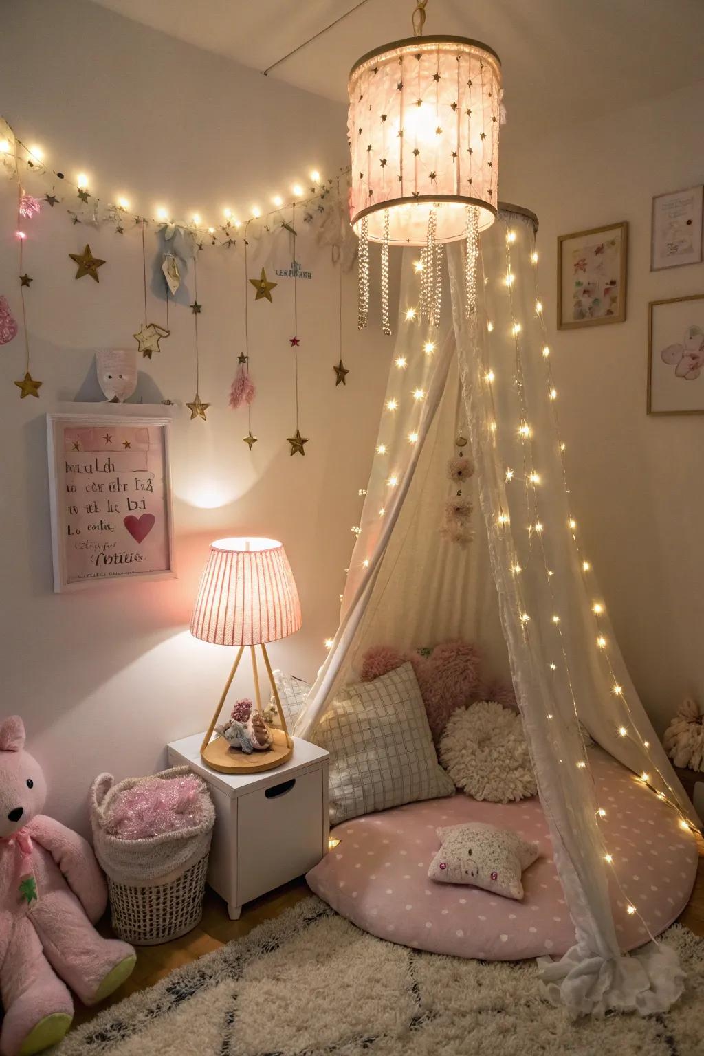 Fairy lights and a whimsical lamp create an enchanting atmosphere in this girls' room.