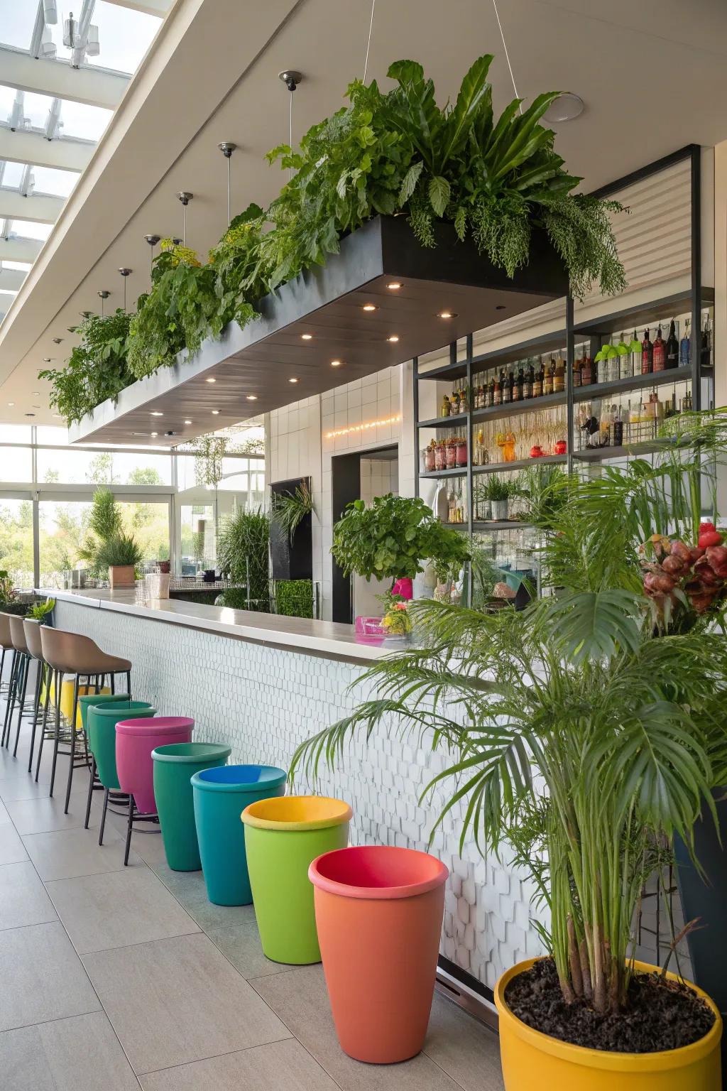 A salon bar enhanced with colorful pots and lush greenery.