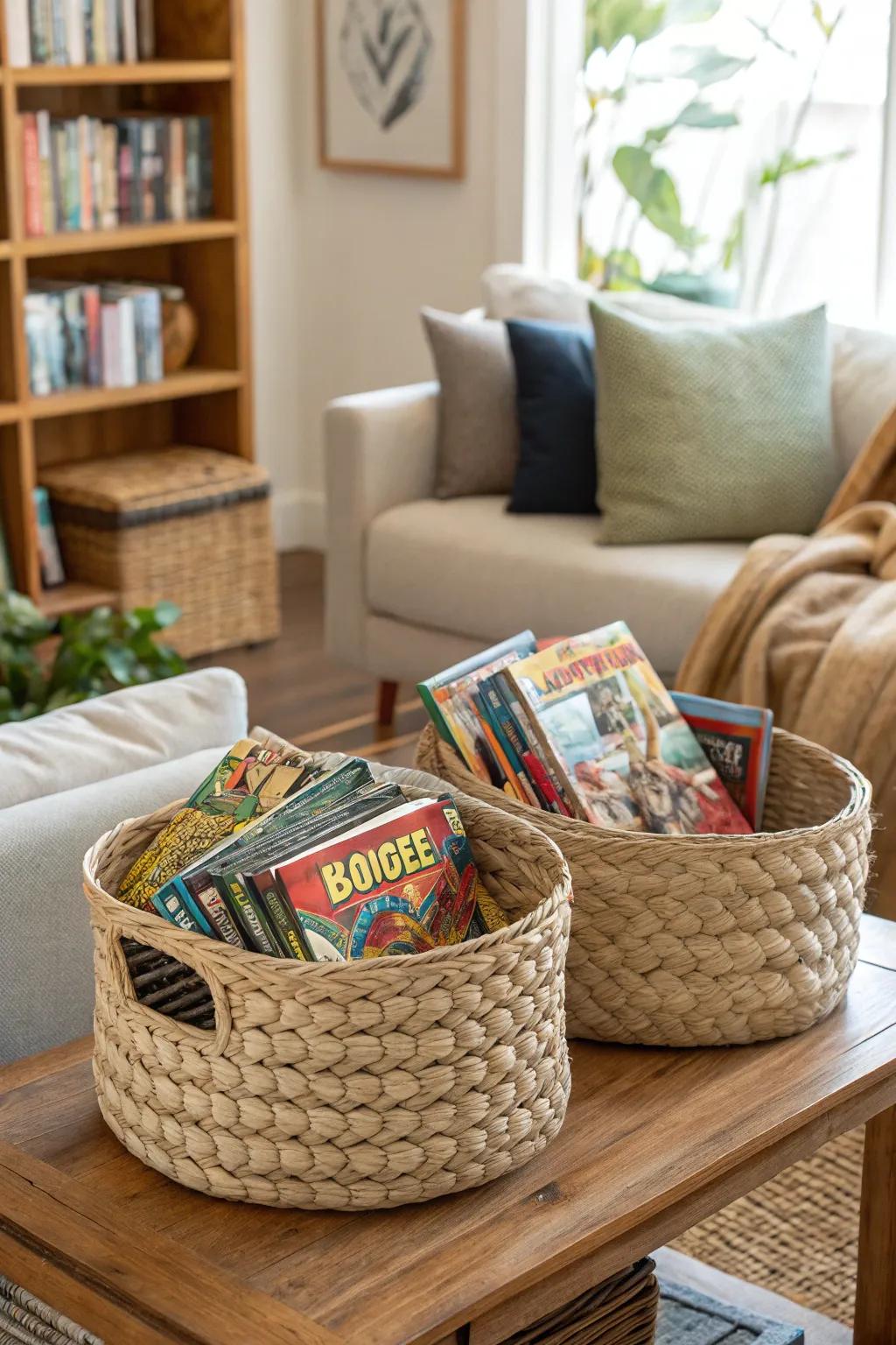 Decorative baskets blend style and functionality for comic storage.