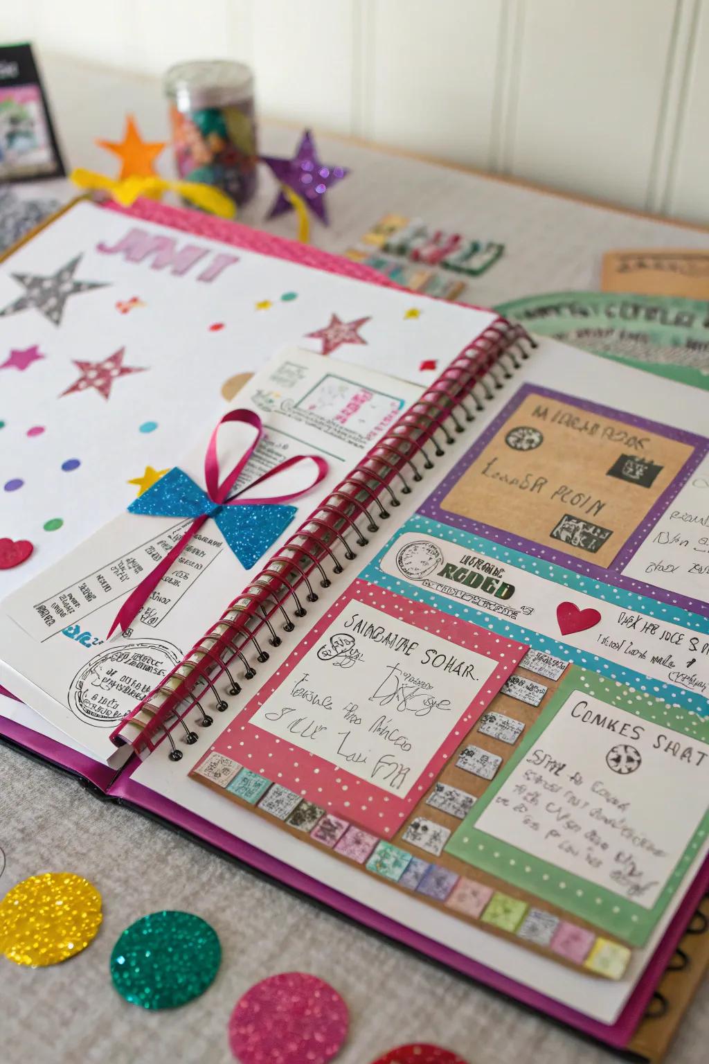 A creative scrapbook with concert tickets and decorations.