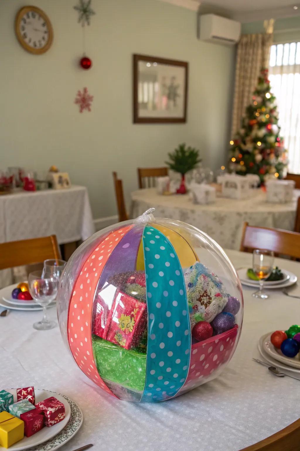 A playful saran wrap ball hiding concert tickets within.