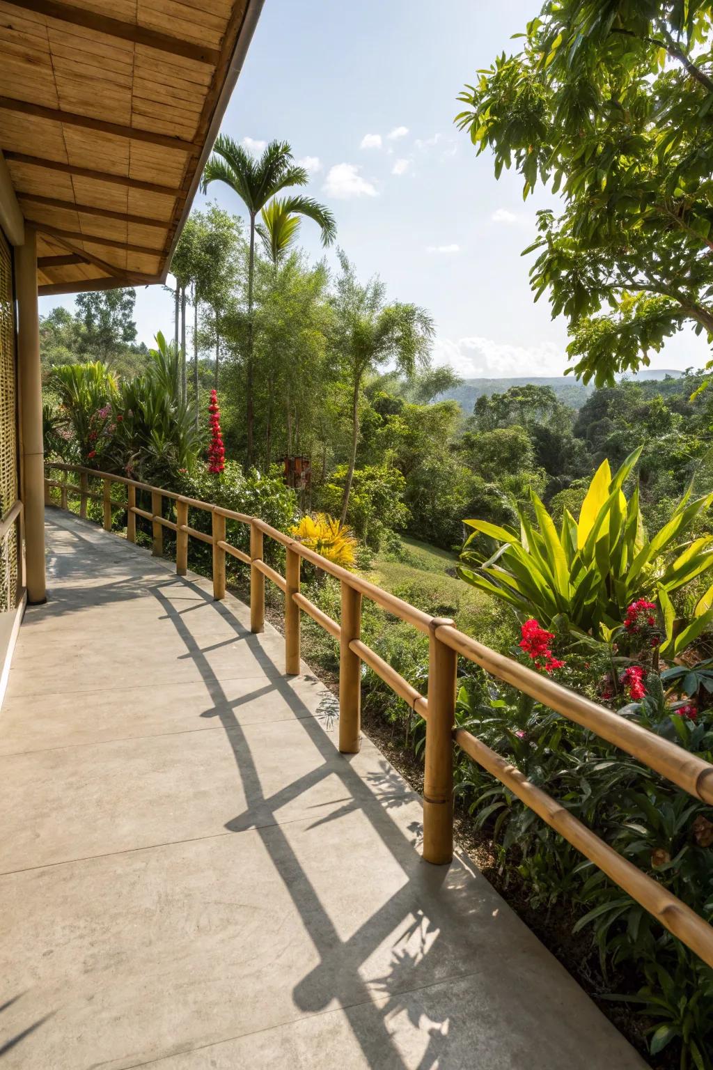 Bamboo railings add an exotic flair to concrete patios.