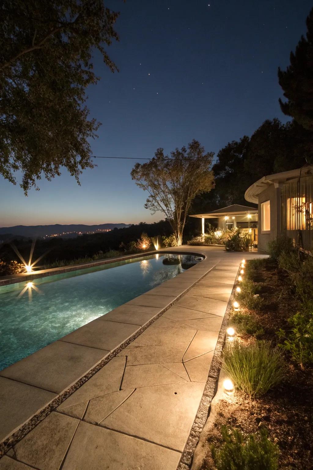 Landscape lighting enhances your pool deck's ambiance at night.