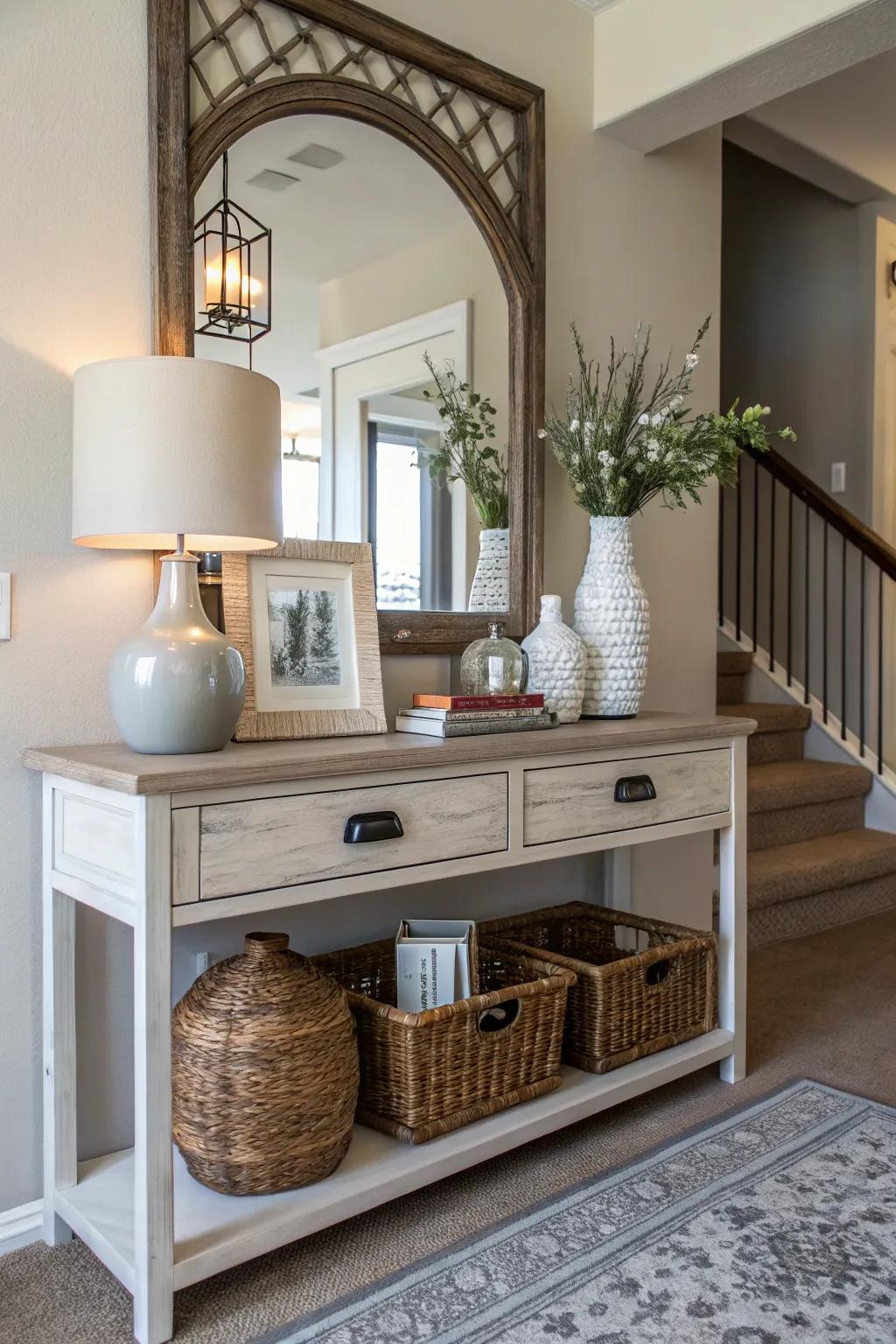 A functional entryway console table setup with practical decor.