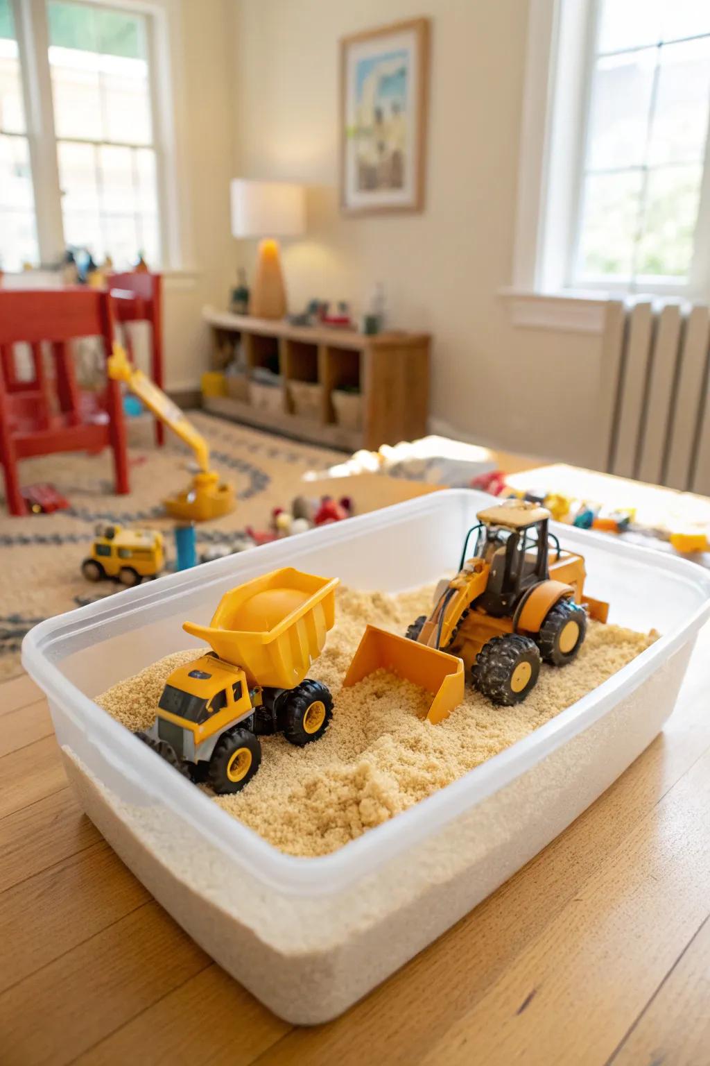 Cornmeal creates the perfect dusty road for little builders.