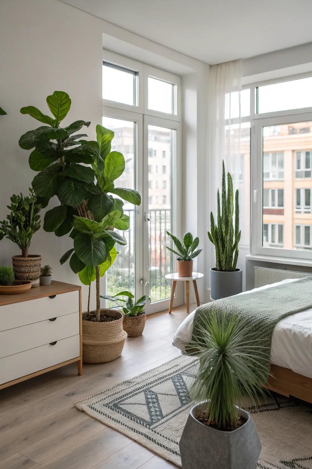 Indoor plants add freshness and improve air quality in a bedroom.