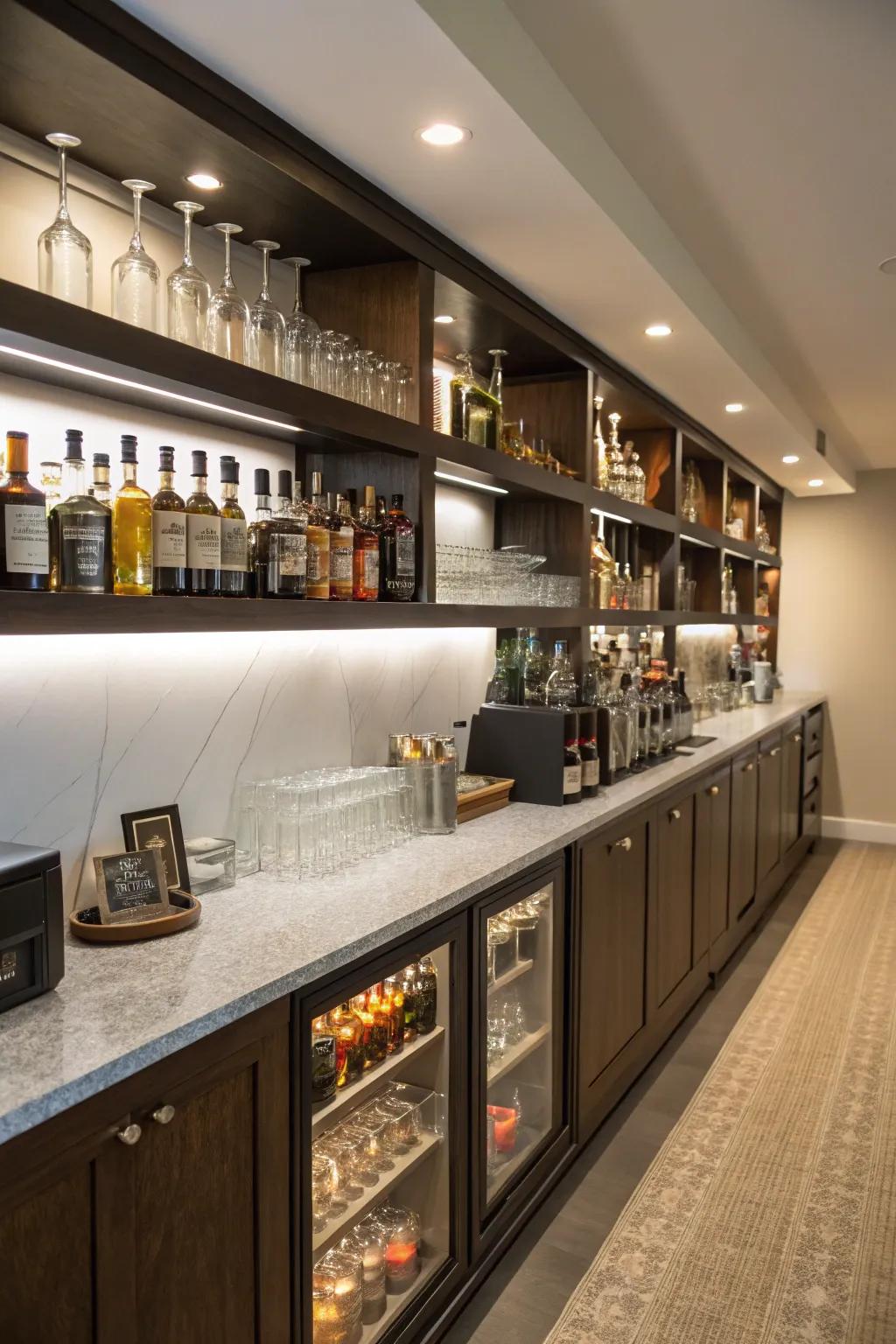 A linear home bar design with elegant shelving.