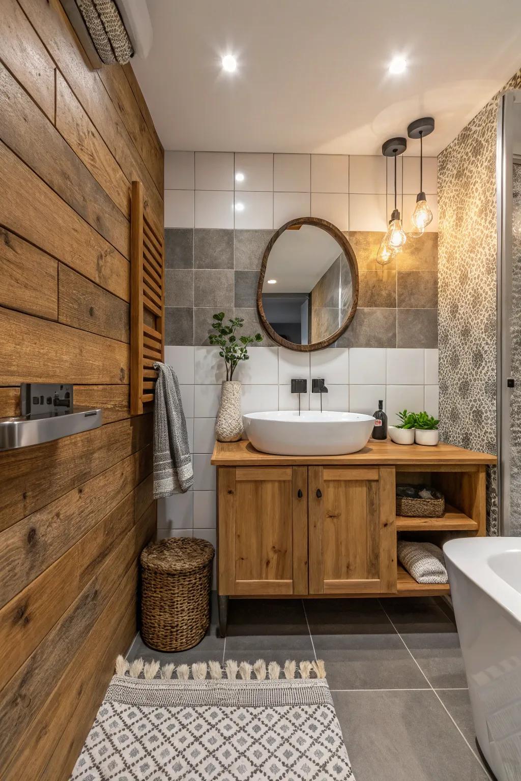 Mixed textures create depth and interest in the bathroom.