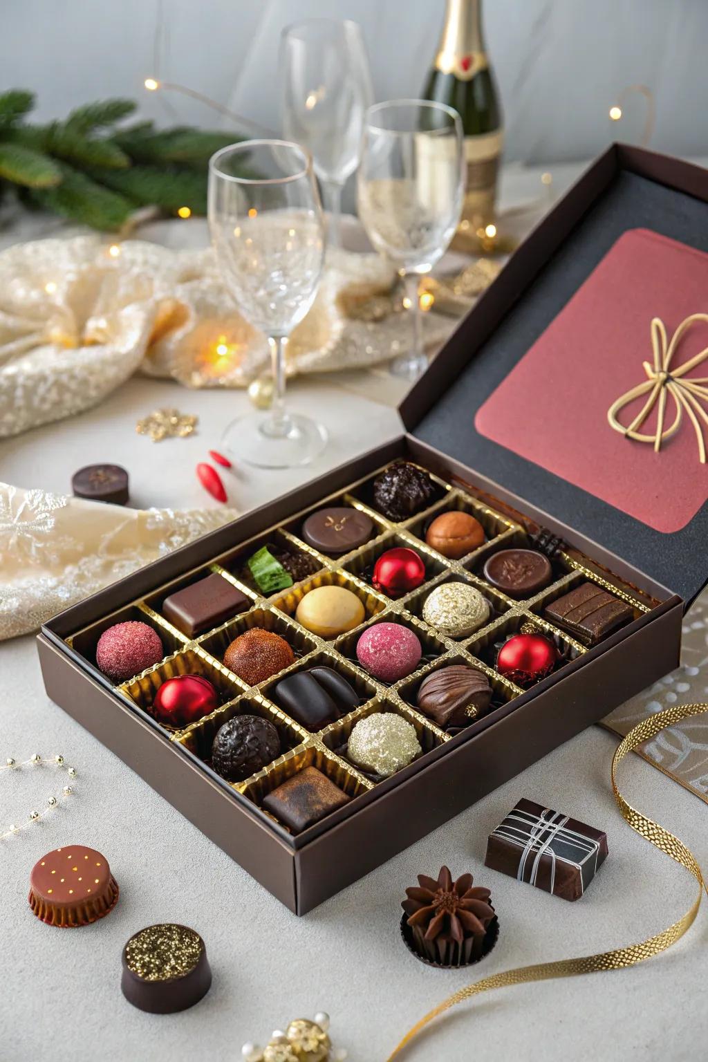 A gourmet chocolate box with a variety of exotic flavors on a festive table.