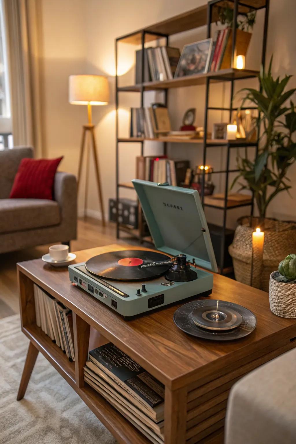 A charming vintage record player that adds a nostalgic touch.