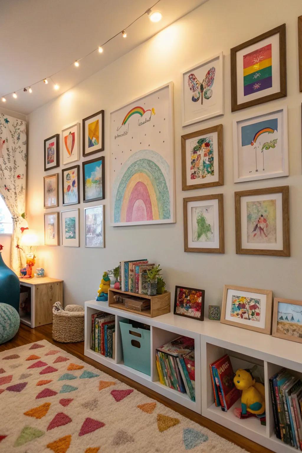 A gallery wall of children's artwork fosters creativity and personal expression.