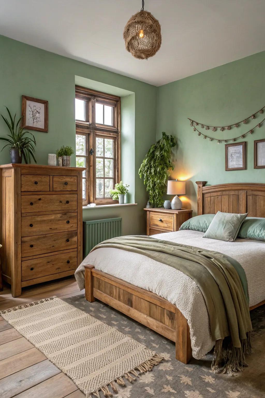 A cozy bedroom with sage green and natural wood elements.