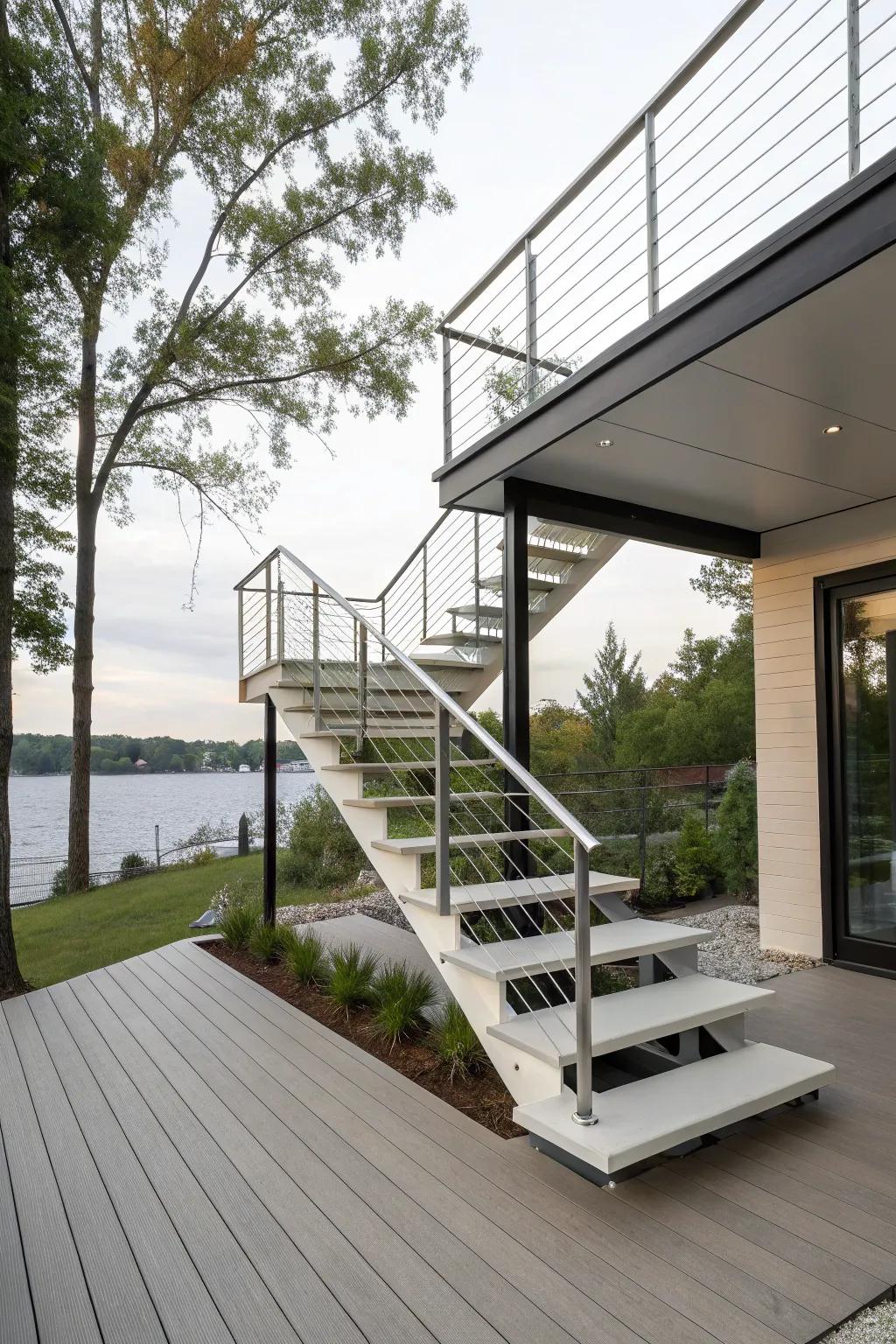 Floating stairs provide a sleek and modern aesthetic.