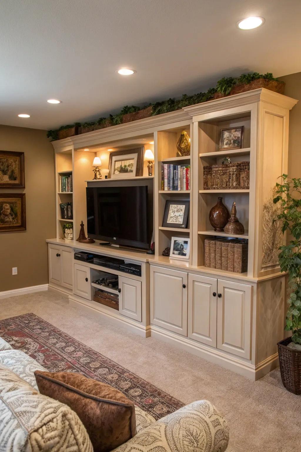 Custom built-in TV stands offer a seamless and integrated look.