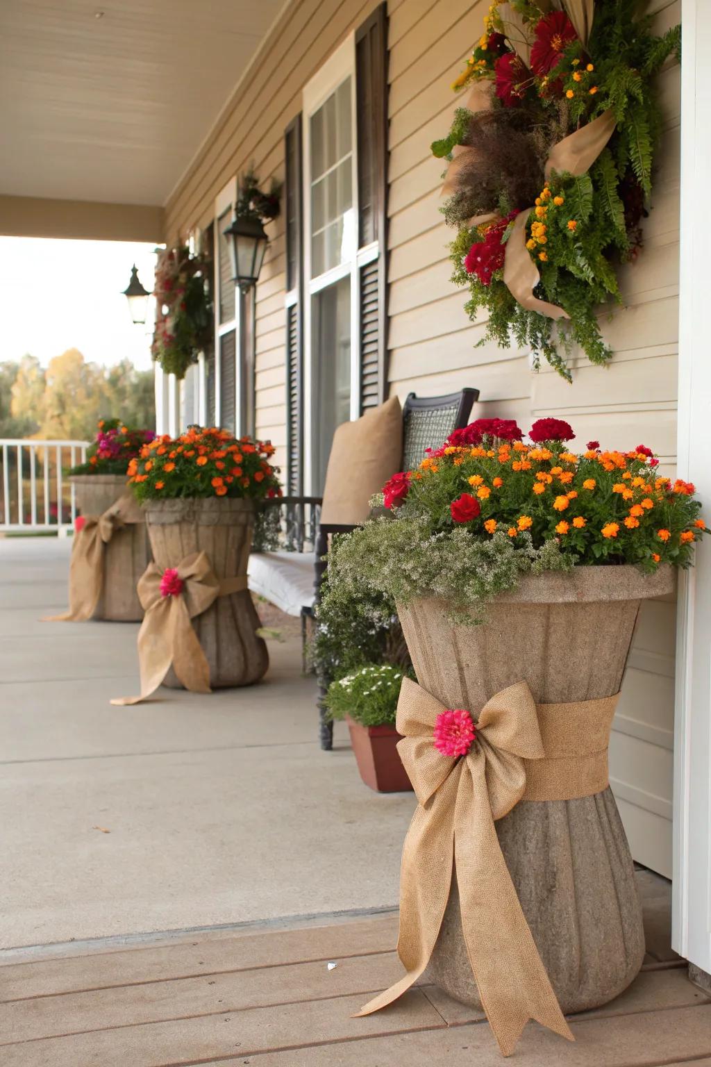 Use burlap and ribbons for rustic charm.