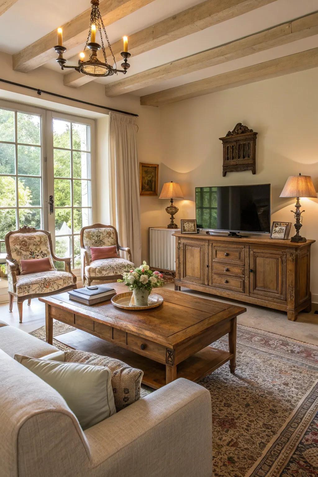 Antiques add history and character to this country living room.