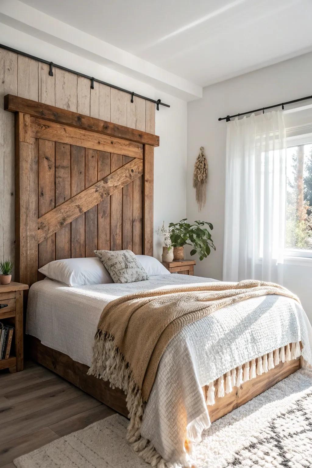 Elevate your bedroom with the rustic charm of a barn wood headboard — where simplicity meets natural elegance.
