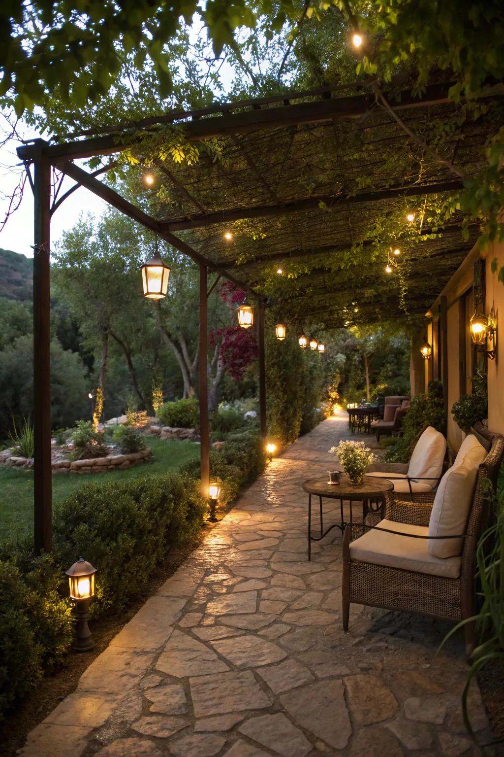 Eco-friendly solar lights enhance pathways with a soft glow.