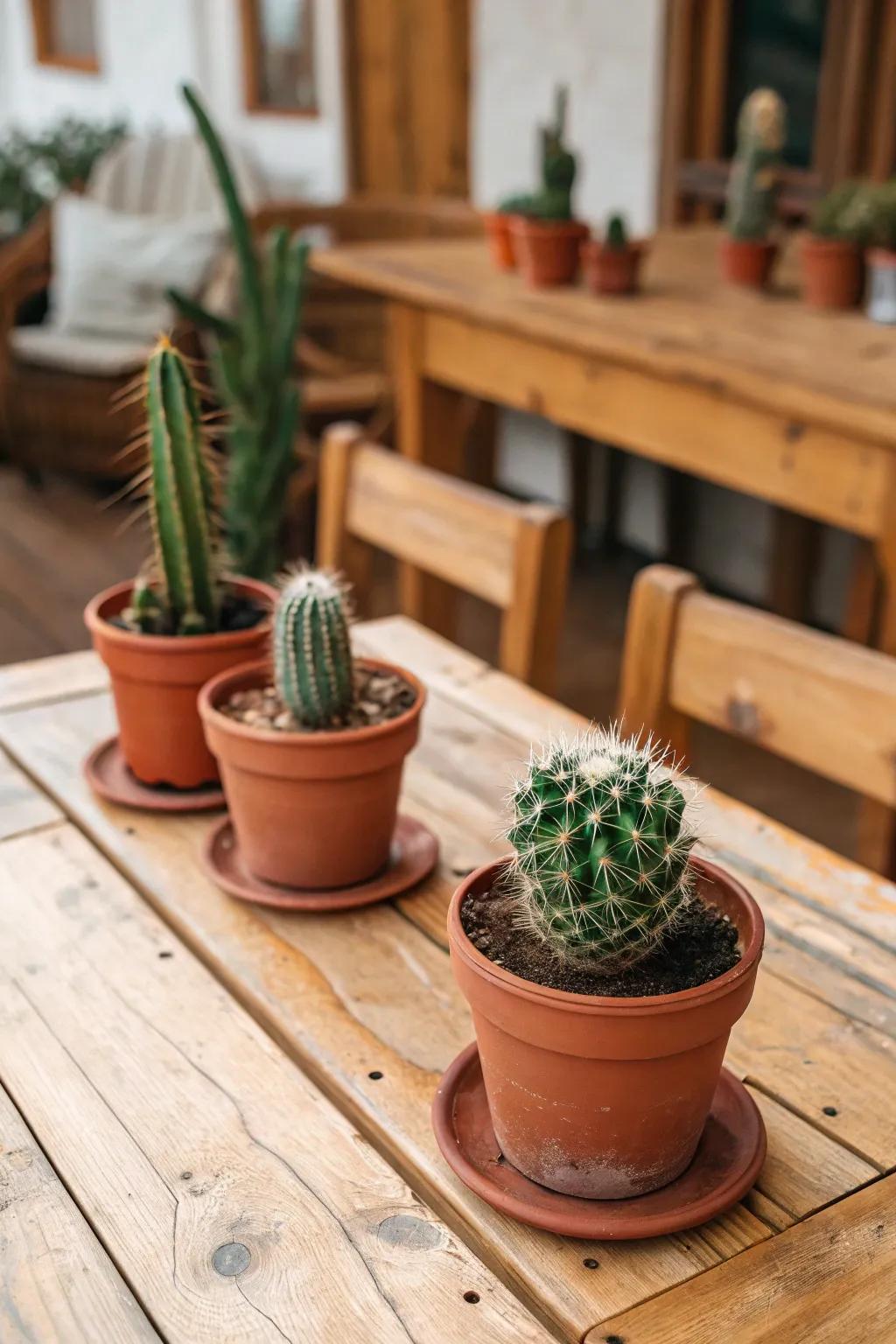 Cacti in terracotta pots add a desert-inspired touch to your decor.