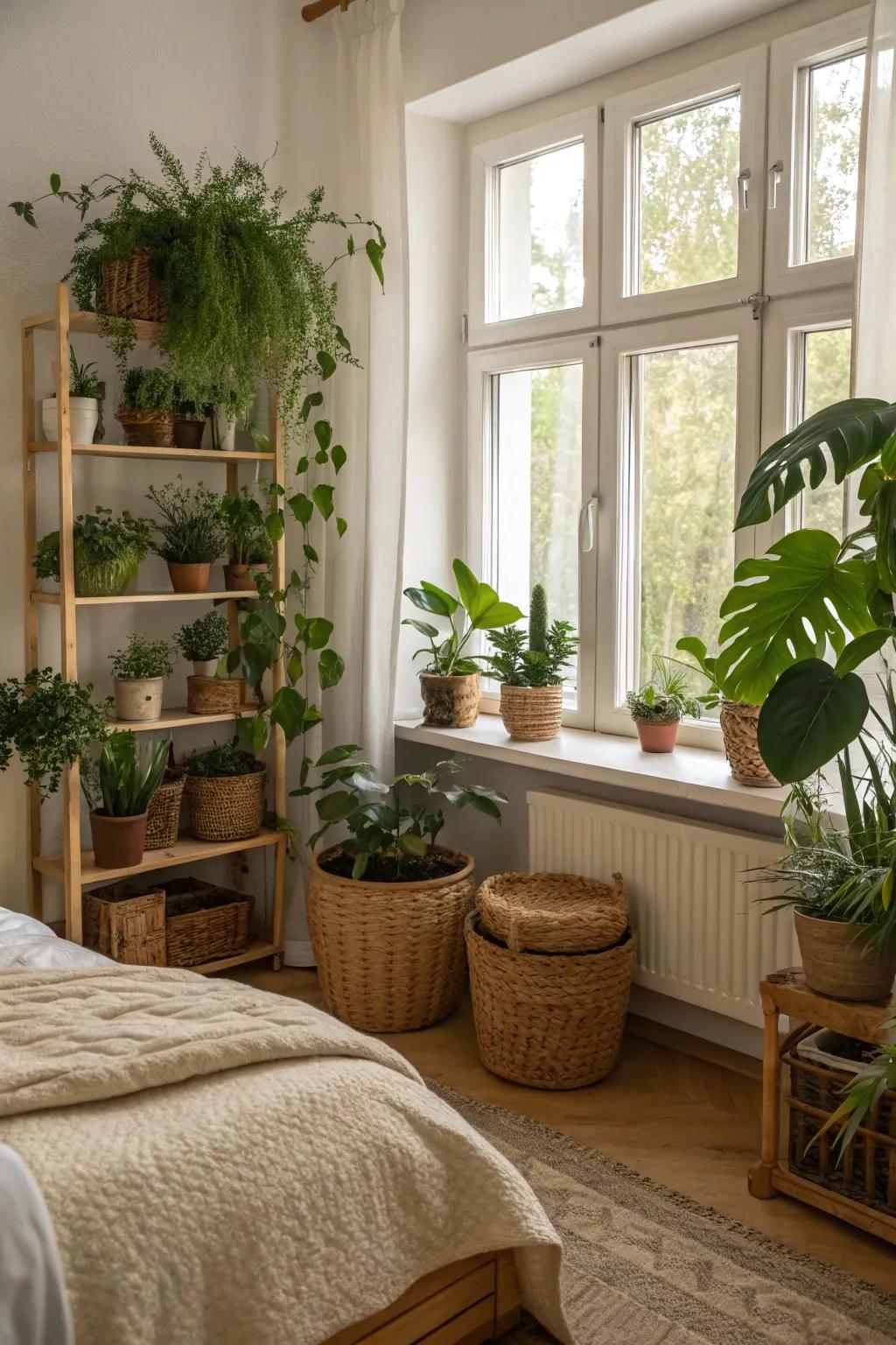 Natural elements like plants can make a bedroom feel more inviting.