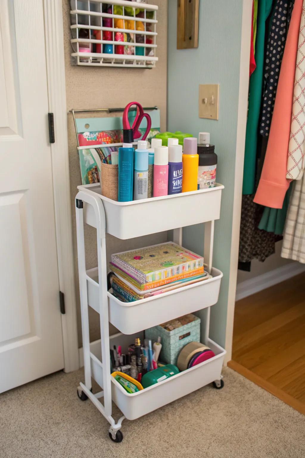 A rolling cart adds mobility and flexibility to your craft storage.