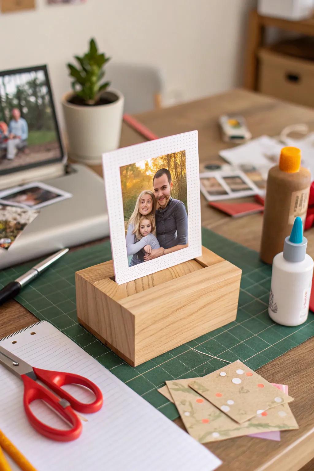 A personalized wood block picture holder, perfect for displaying special memories.