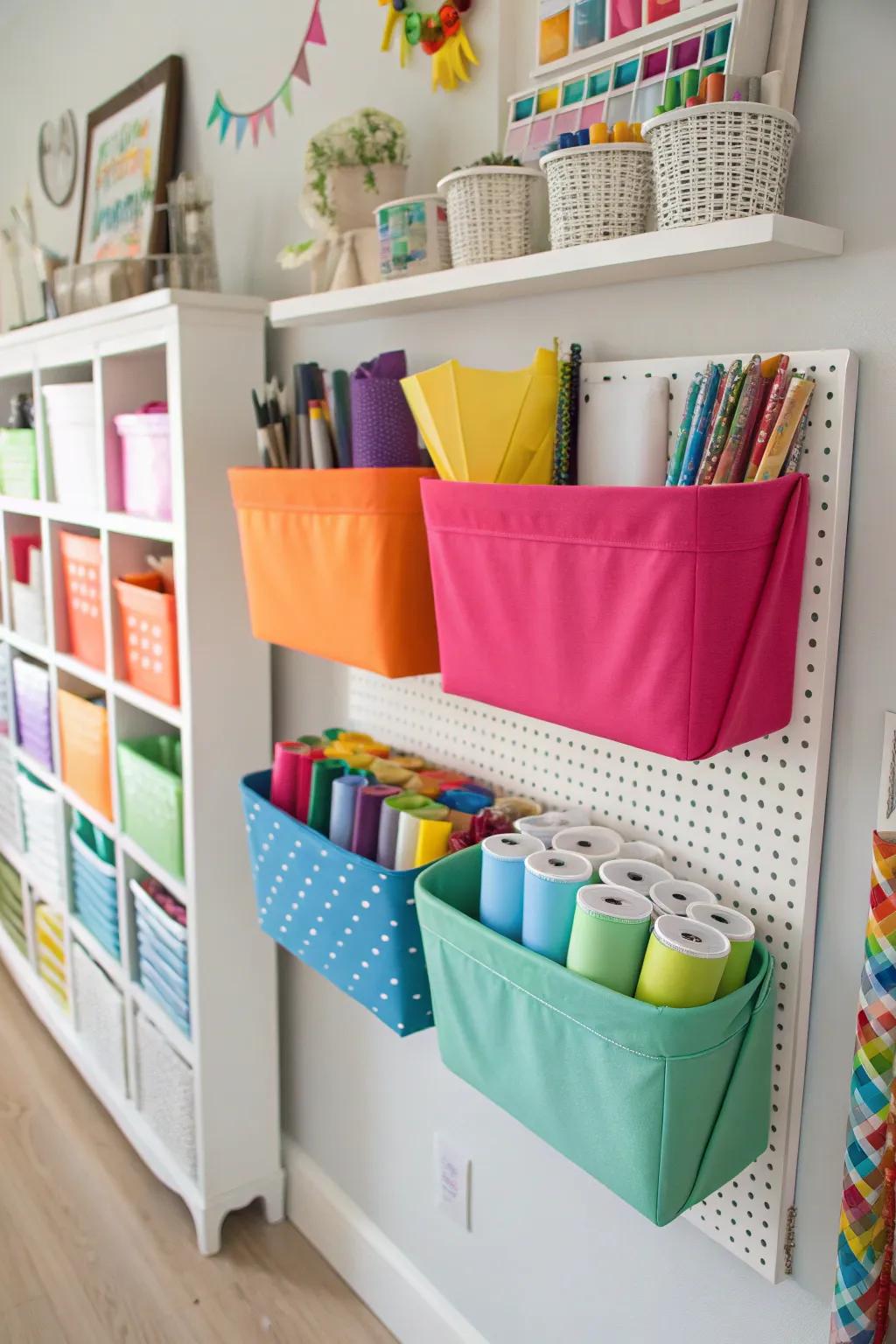 DIY fabric wall bins for lightweight storage.