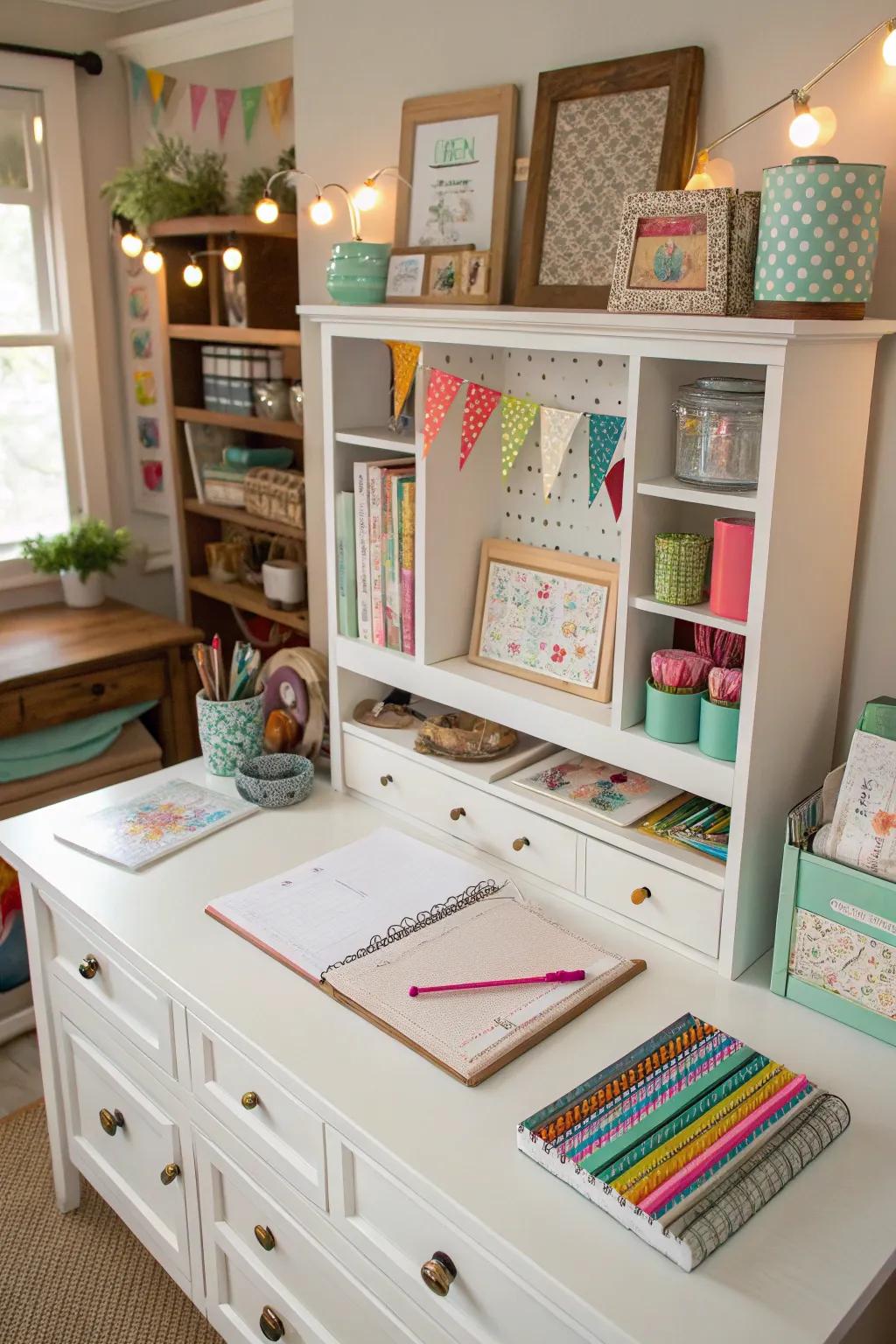 A desk hutch maximizes vertical storage space.