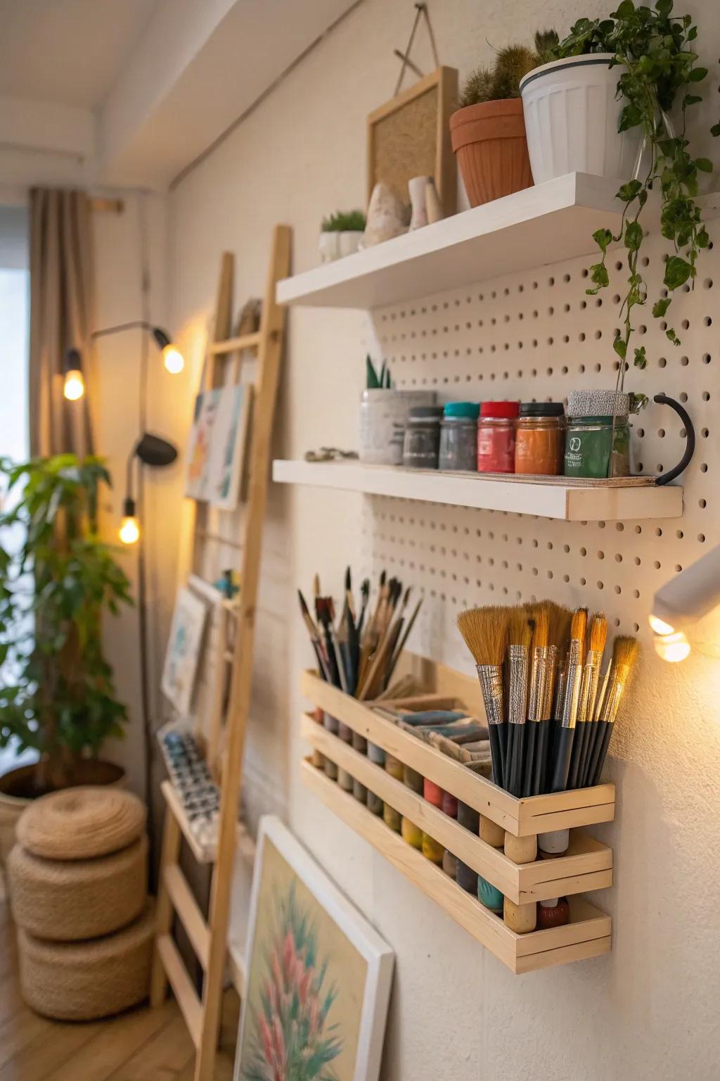 Wall-mounted shelves maximize space in compact craft areas.