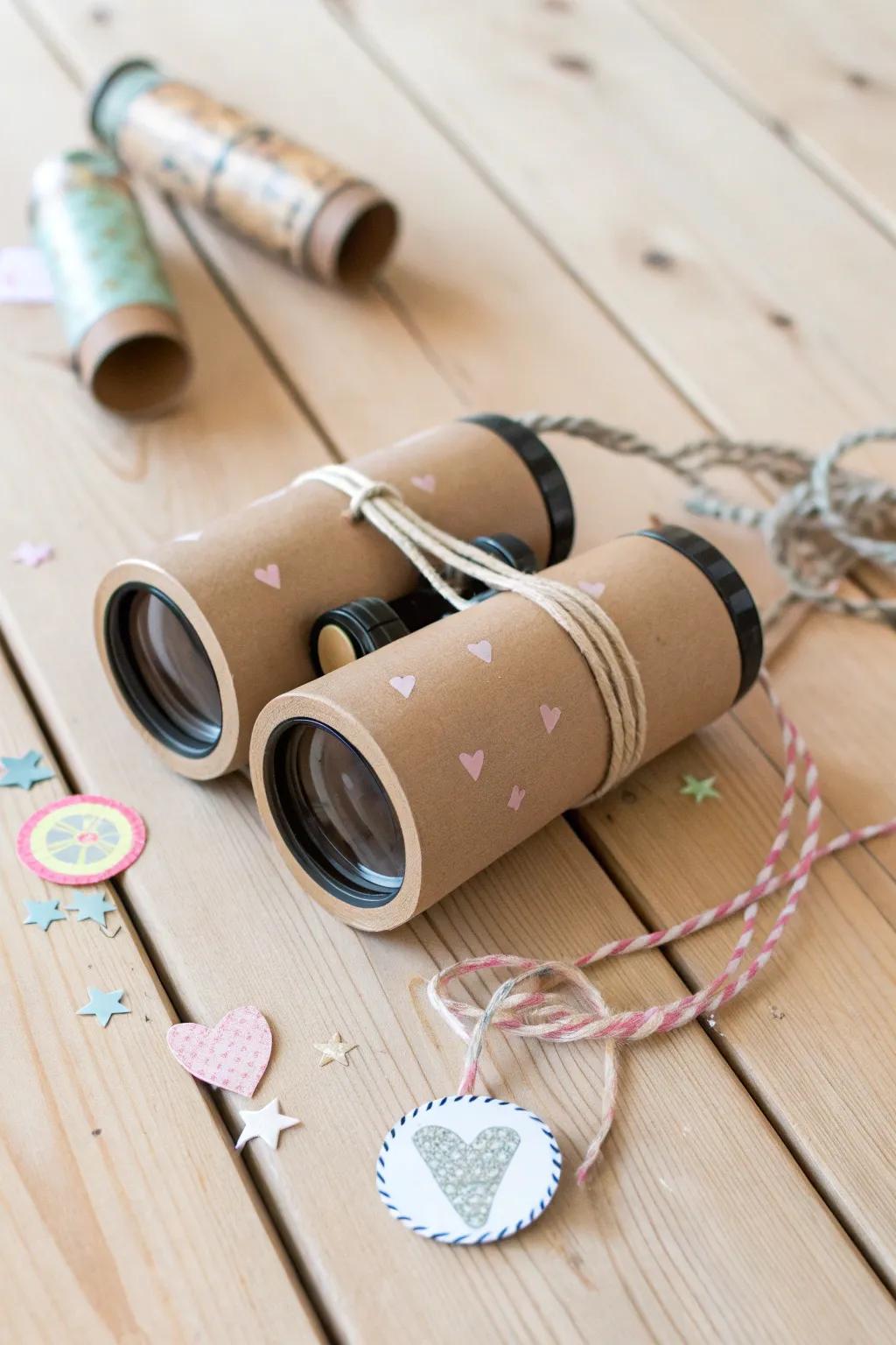 Discover new perspectives: Handmade binoculars crafted from recycled paper rolls, where simplicity meets creativity.