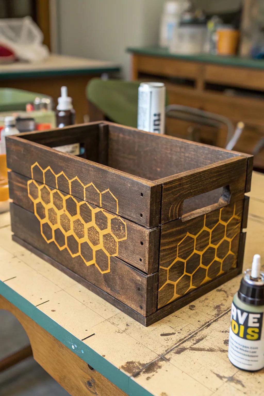 Transform your storage with precision: Stencil your way to stunning crate designs.
