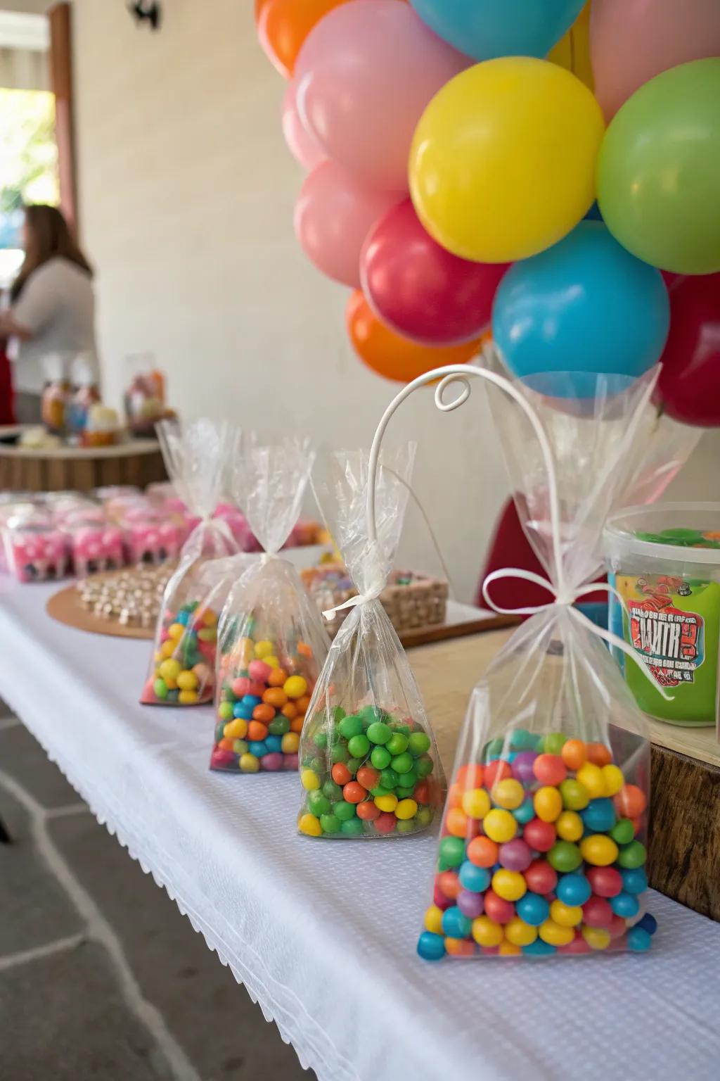 Candy-filled bags serving as playful balloon weights and party favors.