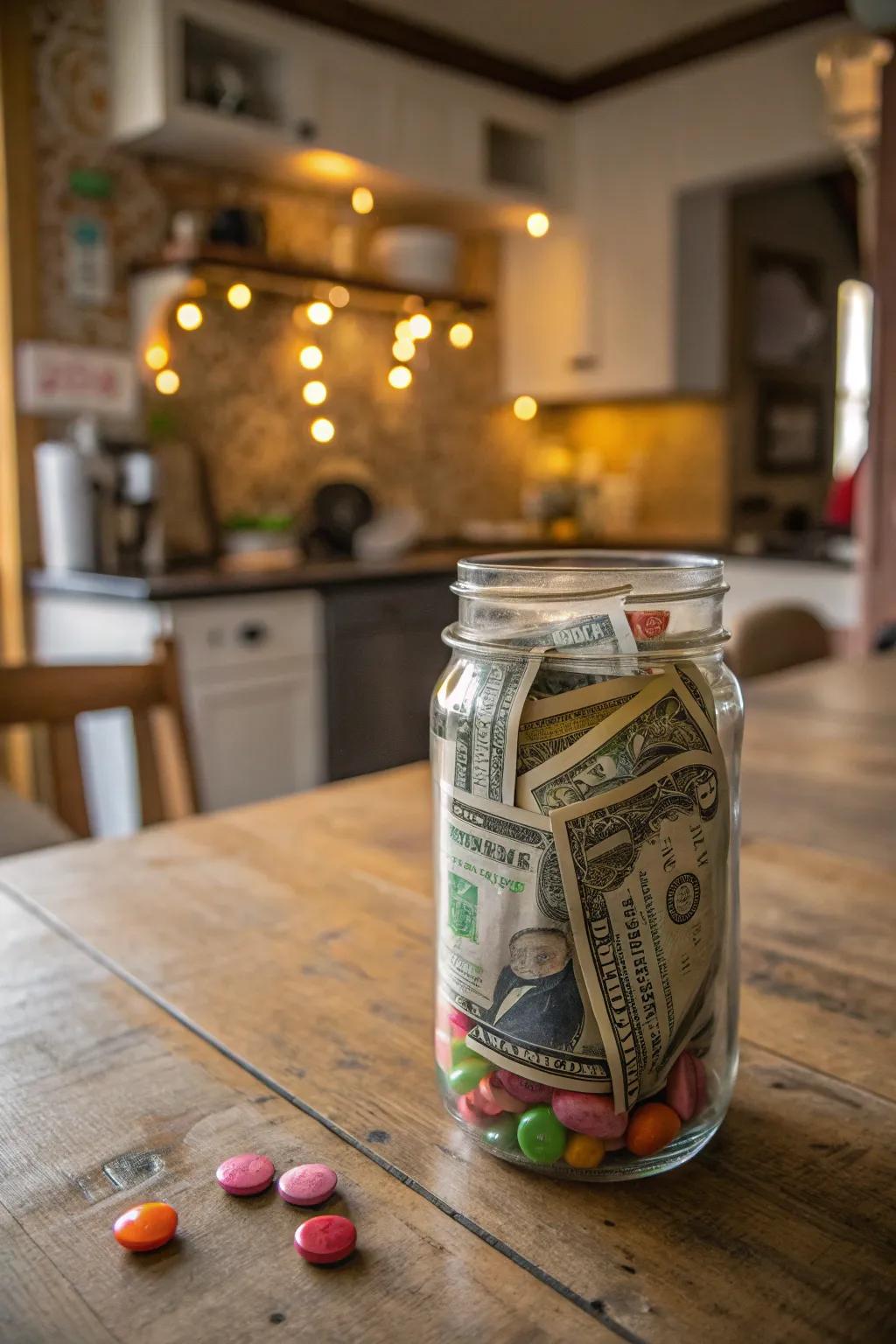 A mason jar filled with cash and treats, perfect for gifting.