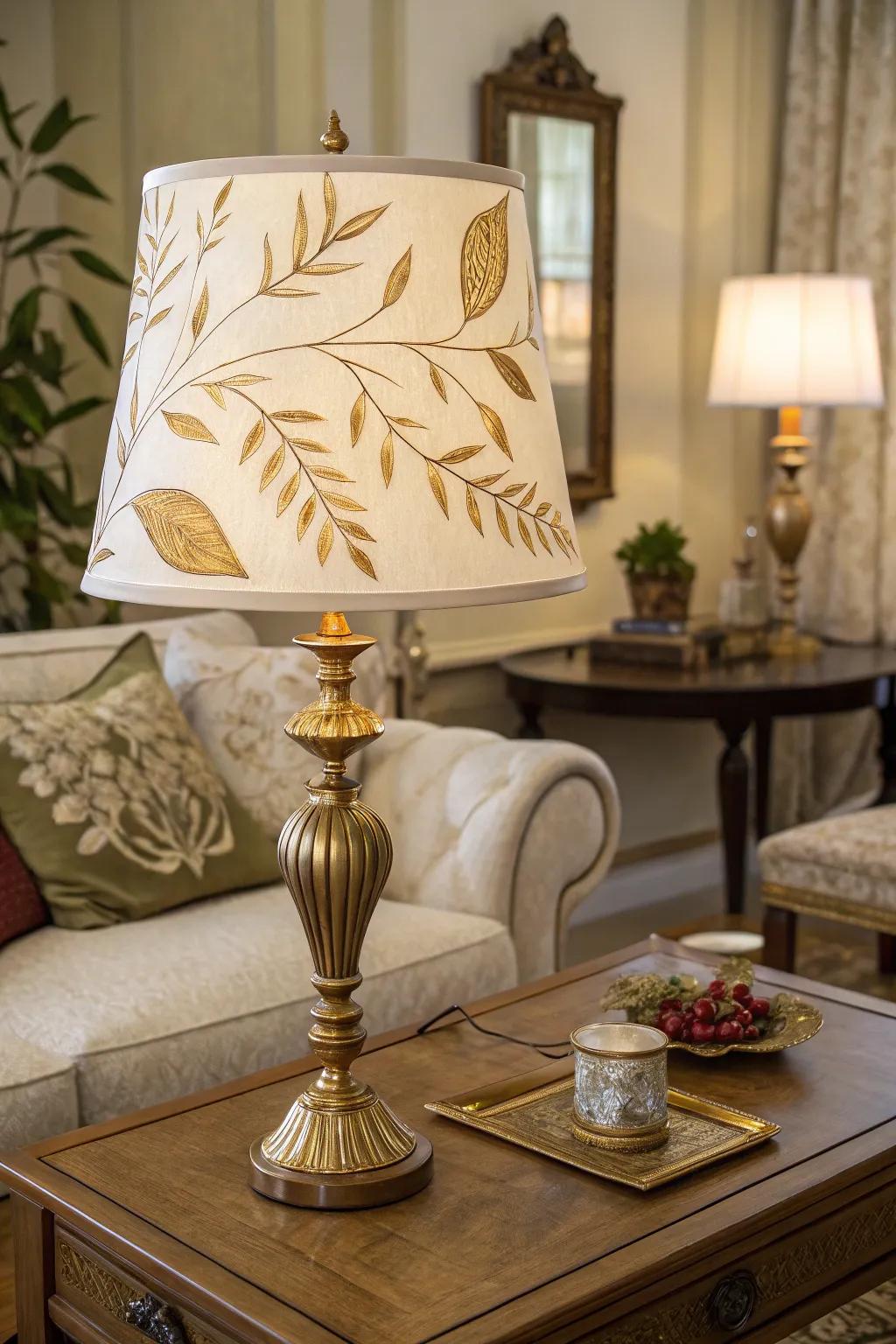 A lamp shade with gold leaf accents creating an elegant living room ambiance.