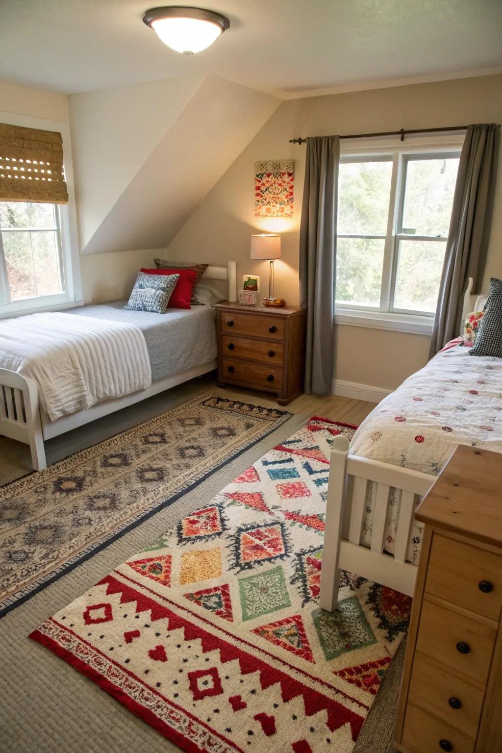 Distinct area rugs visually divide and define spaces in a shared bedroom.