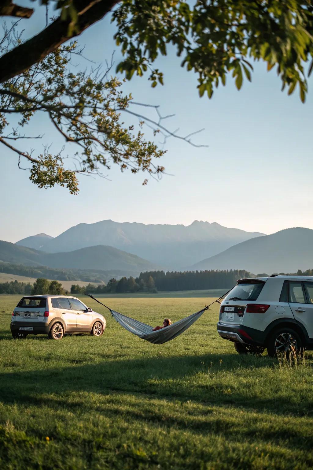 A creative road trip setup using vehicles to hang a hammock and enjoy the great outdoors.