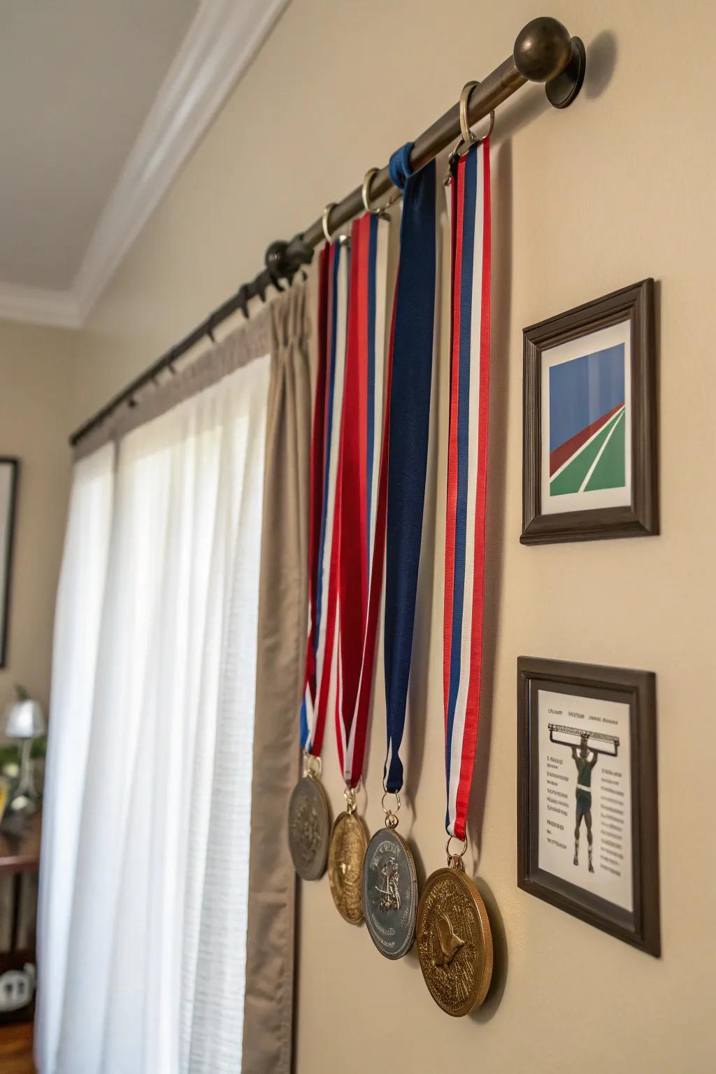 A curtain rod offers an elegant and flexible way to display medals.