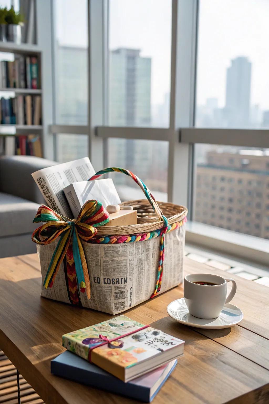 An eco-friendly newspaper-wrapped gift basket.