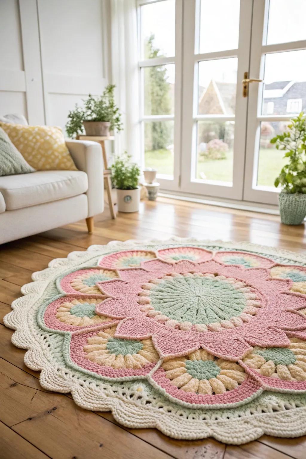 A floral motif crochet rug bringing nature indoors.