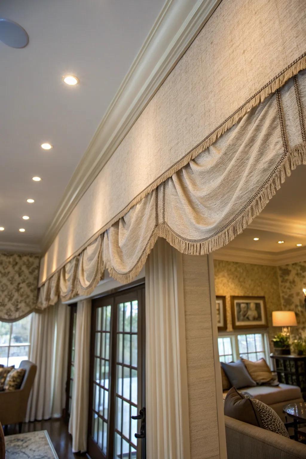 Fabric trim introduces a soft elegance as a molding alternative.