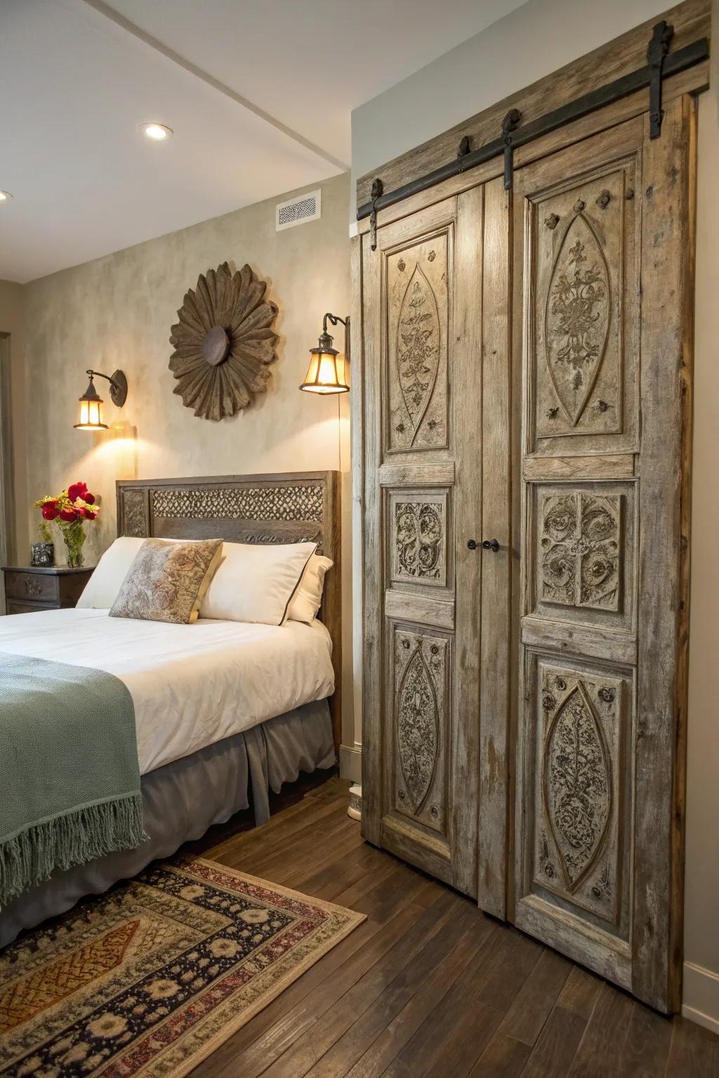 Antique doors repurposed into a headboard add historic charm.