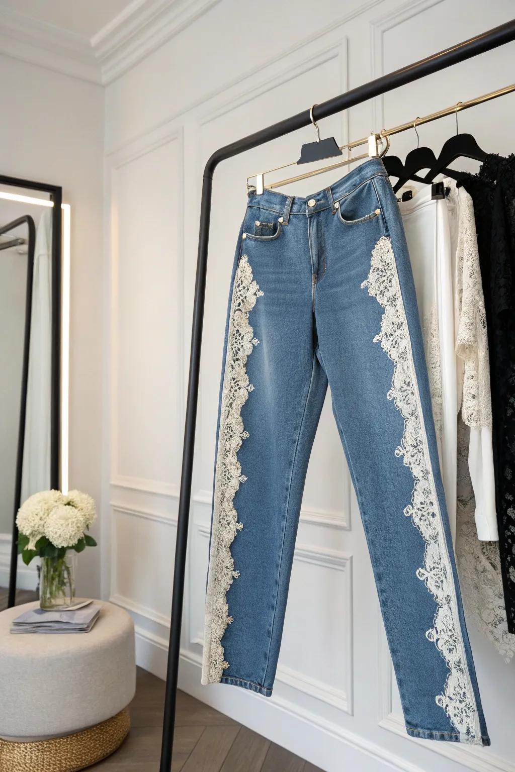 Elegant lace panels add a touch of sophistication to denim.