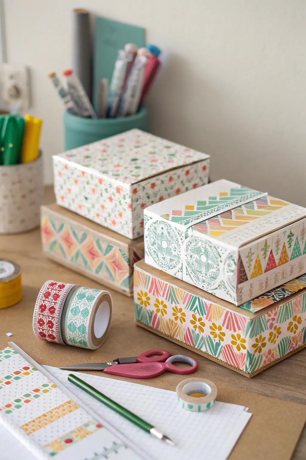 Boxes adorned with colorful washi tape patterns.