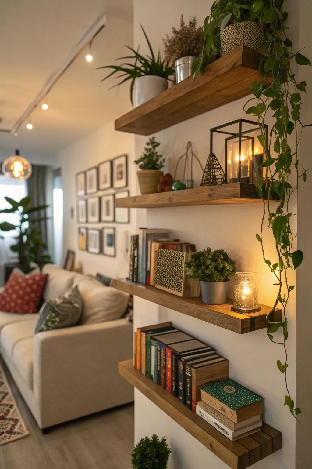 Floating shelves create a functional yet stylish display.