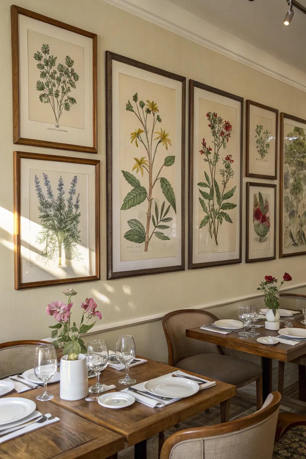 Botanical prints infuse this dining area with natural elegance.